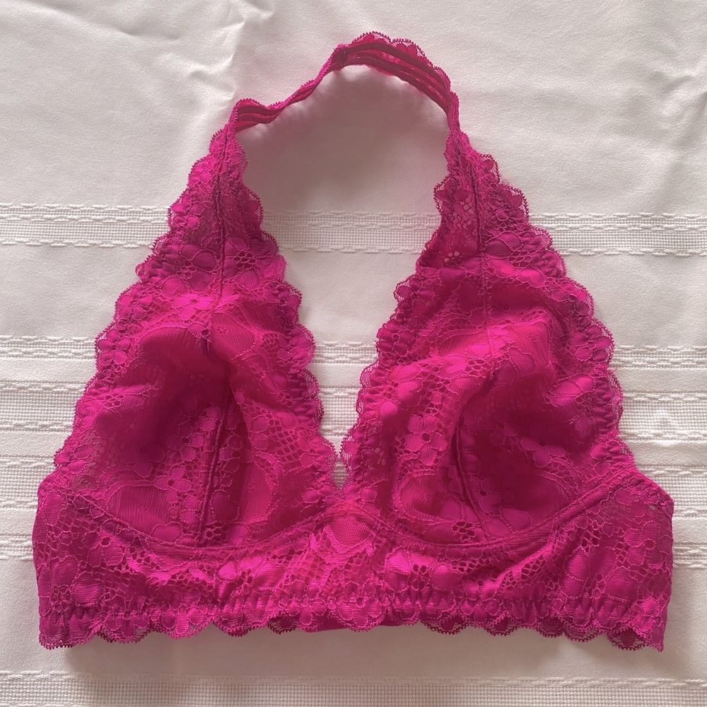 Intimately Free People Galloon Lace Halter Bralette Floral Hot Pink Size Small